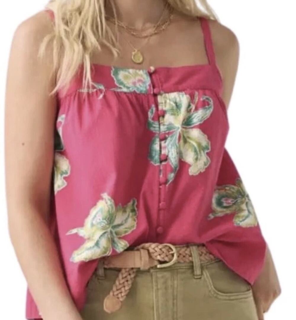 Faherty Marina Seersucker Pink with Blue and tan flowers Top Size size S